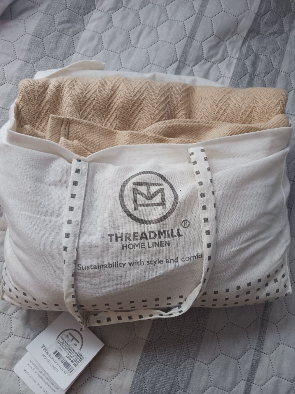 Threadmill 100% Cotton Herringbone All-Season Blanket Full /Queen Biege Tan NWT